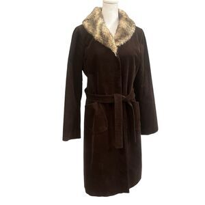 Agnes B Coat Long Brown Corduroy Faux Fur Trim Made In France Women’s 42 EUC